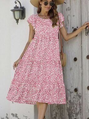 Fantaslook Pink Boho Dress Floral Print Ruffle Sleeve Midi Beach Dress